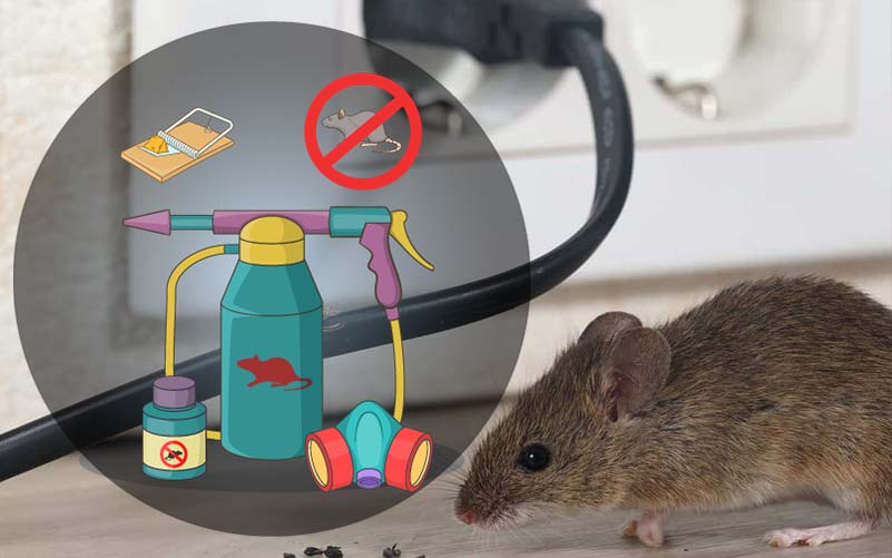 A mouse crawling on the ground underneath an outlet and electrical chord. A cartoon image is overlaid showing a mousetrap and poisons along with a prohibited symbol over a mouse.