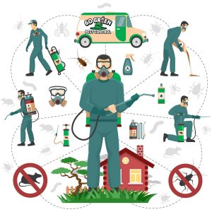 Illustration with five exterminators demonstrating different tools used for professional pest control. At the bottom of the image is a silhouette of a mouse and a cockroach. Each is covered with a prohibited symbol.