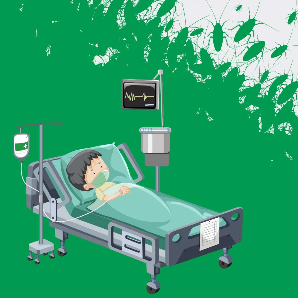 Cartoons style image of an older man in a hospital bed wearing a mask and hooked up to an IV. The background of the image fades from green to white with silhouettes of cockroaches separating the two colors