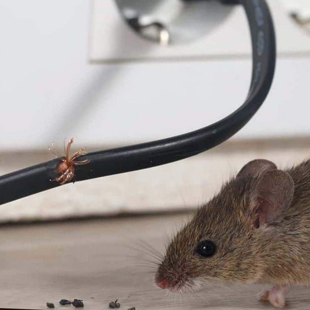 A mouse crawling along the baseboards of a room. Over his head is a chord plugged into an electrical outlet. The cord had been chewed and exposed wires are sticking out.